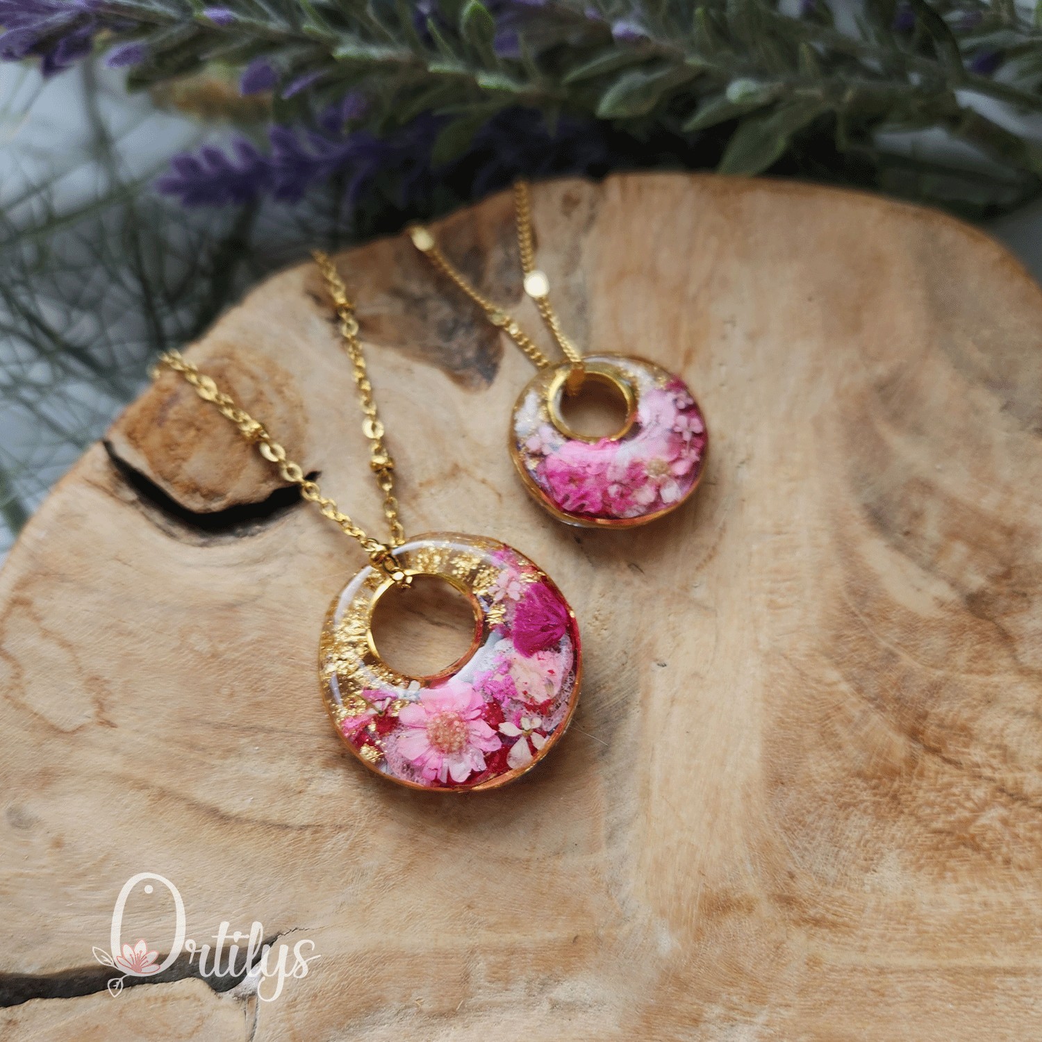 Collier réversible MINI BORÉAL or fleurs roses et violettes – Image 2
