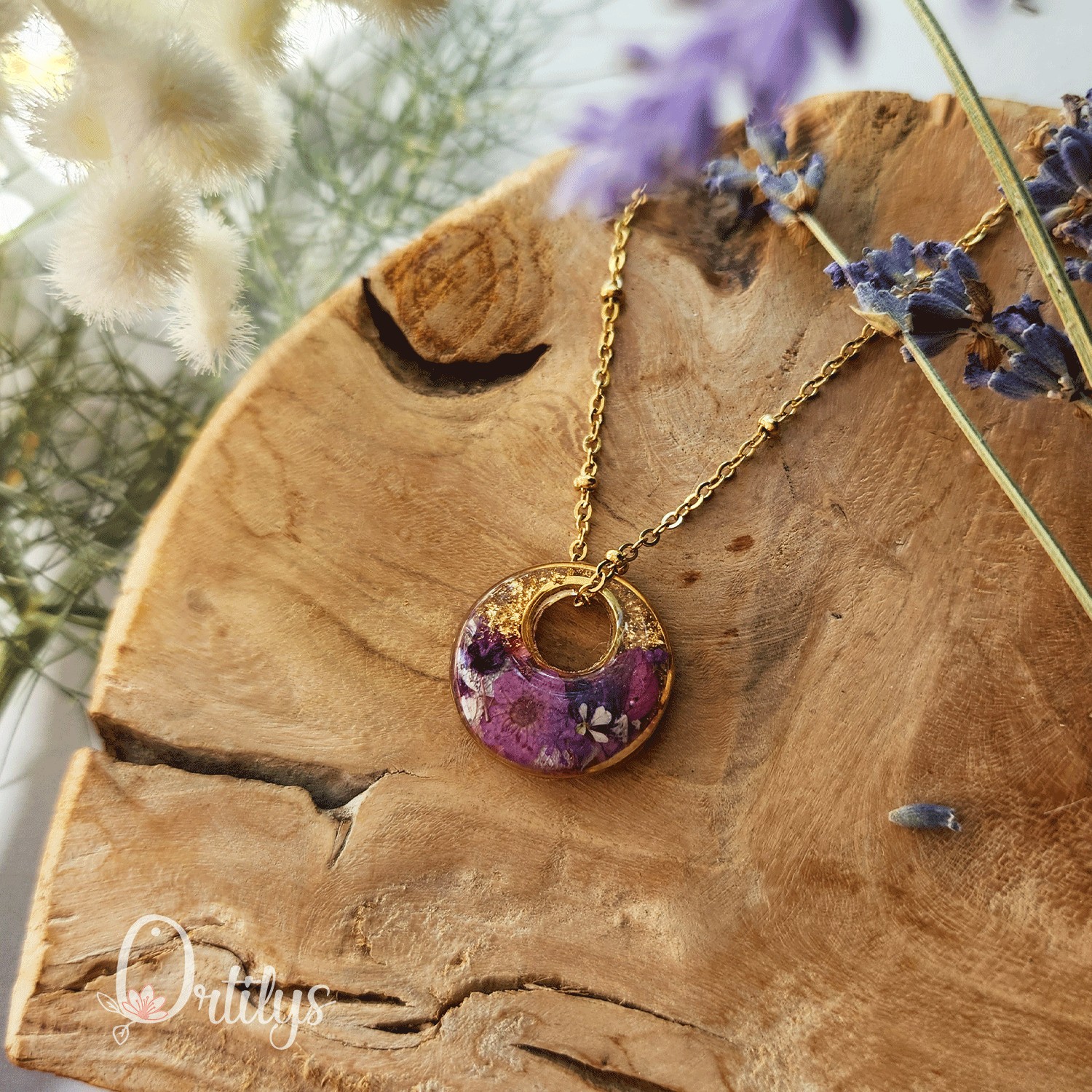 Collier réversible MINI BORÉAL or fleurs roses et violettes – Image 6