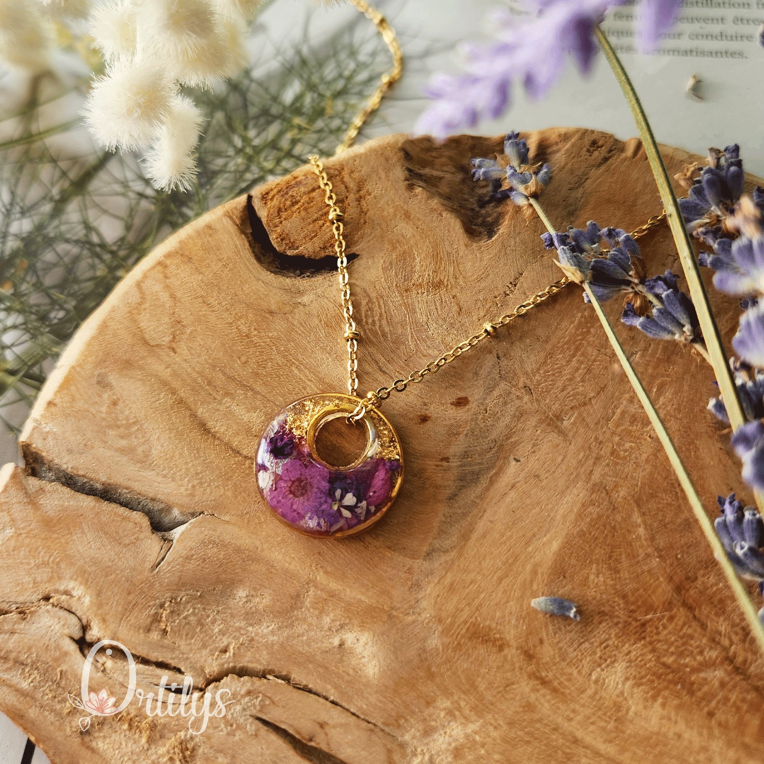 Collier réversible MINI BORÉAL or fleurs roses et violettes – Image 7