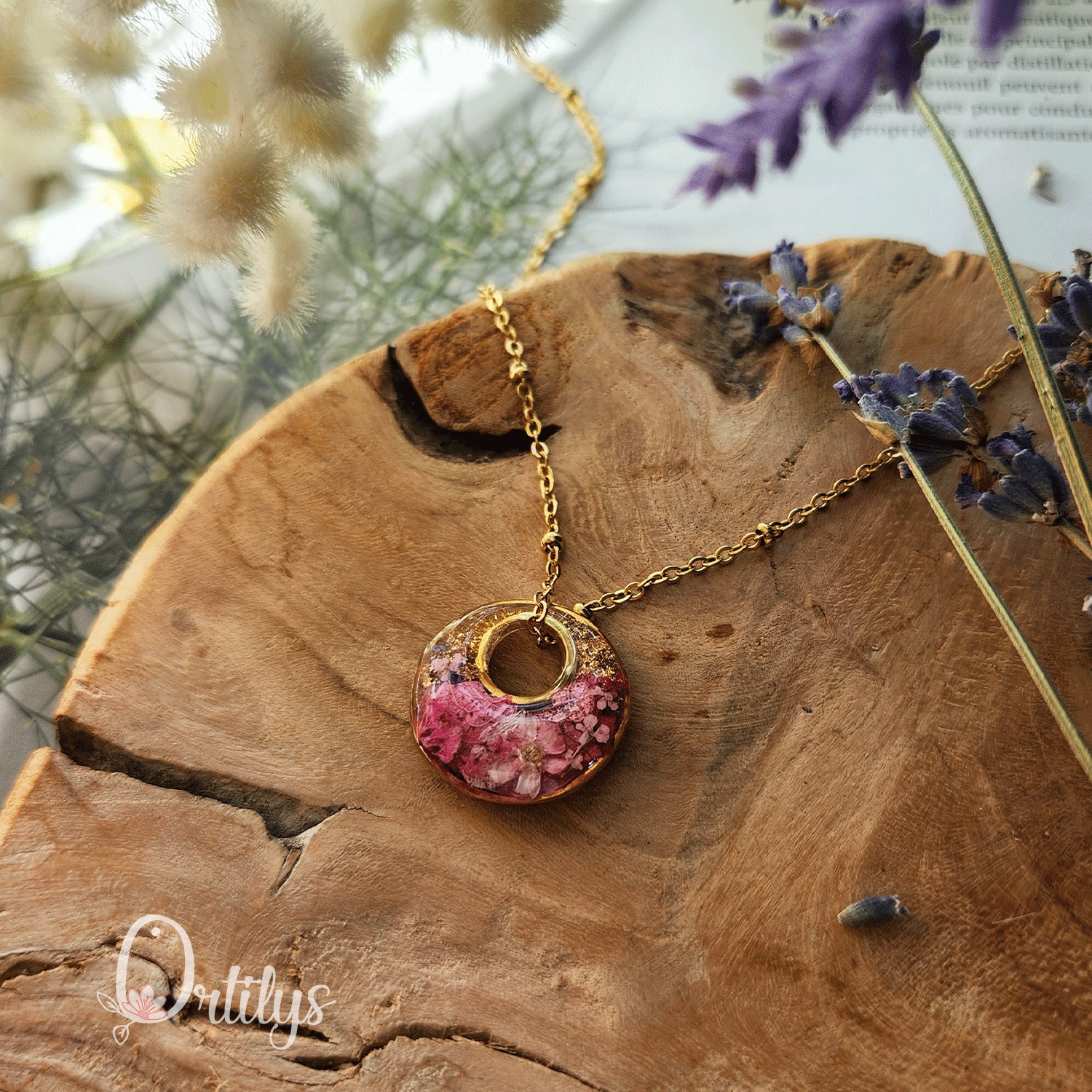 Collier réversible MINI BORÉAL or fleurs roses et violettes – Image 4