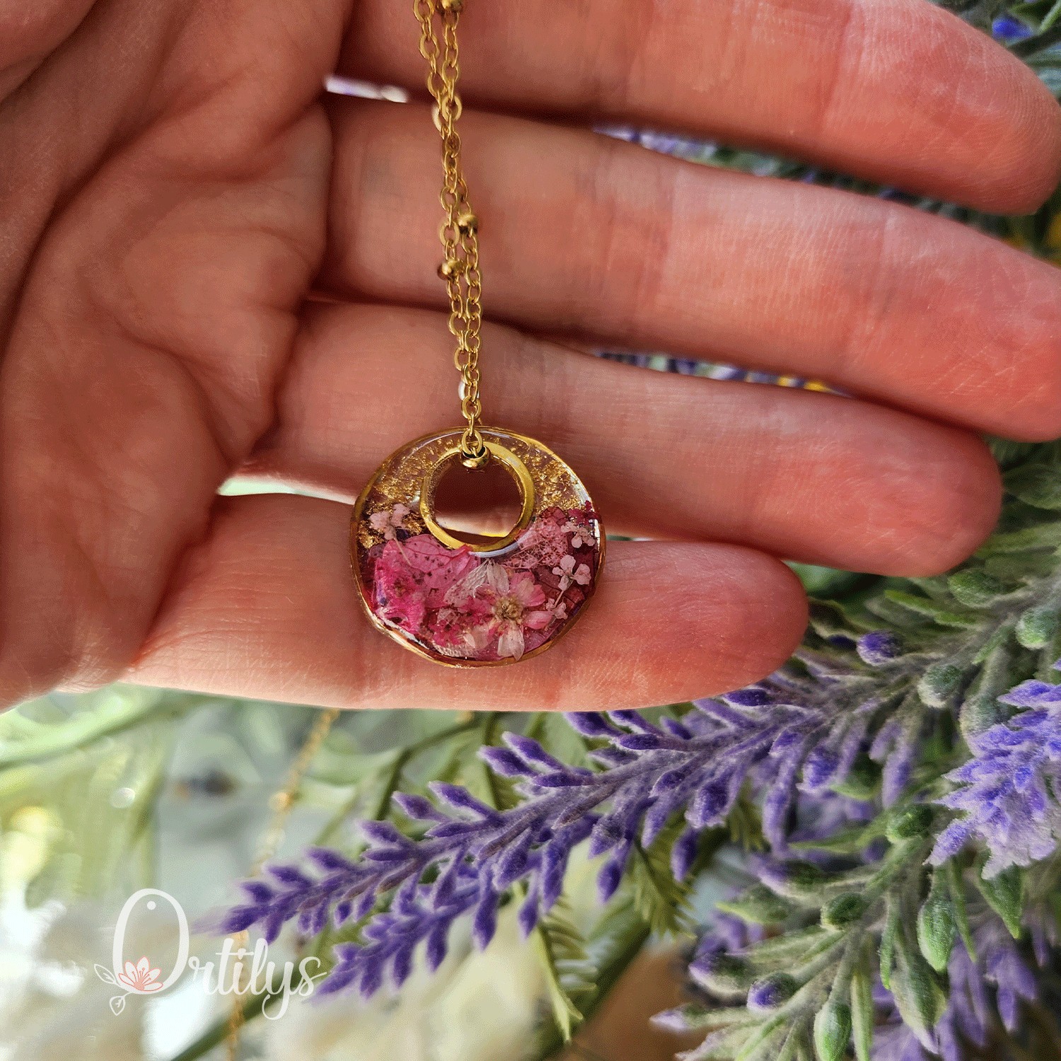 Collier réversible MINI BORÉAL or fleurs roses et violettes – Image 3