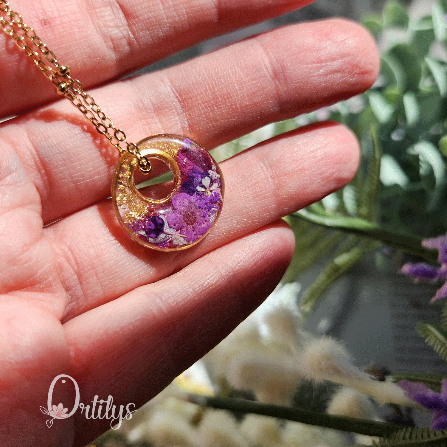 Collier réversible MINI BORÉAL or fleurs roses et violettes